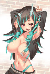 Rule 34 | 1girl, nanashi inc., alternate breast size, armpits, arms behind head, arms up, belt, black hair, black jacket, black skirt, blue belt, blue hair, breasts, brick wall, chest belt, clothing cutout, commentary request, cowboy shot, cropped jacket, cross-laced clothes, cross-laced sleeves, demon girl, demon horns, fang, highres, horns, jacket, kikuta kouichi, large breasts, long hair, long sleeves, looking at viewer, midriff, multicolored hair, navel, nipples, no tail, open mouth, pointy ears, red eyes, shishio chris, shoulder cutout, skirt, solo, sugar lyric, two-tone hair, virtual youtuber