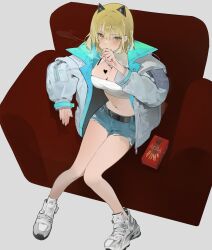 Rule 34 | 1girl, absurdres, bare legs, belt, black belt, blonde hair, buri (retty9349), cutoffs, denim, denim shorts, food, grey eyes, grey jacket, highres, holding, holding food, jacket, looking at viewer, midriff, navel, open clothes, open jacket, pocky, shoes, short hair, short shorts, shorts, sneakers, solo, stomach, strapless, thighs, tube top, white footwear