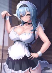 Rule 34 | 1girl, alternate costume, apron, armpit crease, armpits, black choker, black hairband, blue hair, breasts, chest harness, choker, cleavage, closed mouth, collarbone, commentary request, enmaided, eula (genshin impact), frilled apron, frills, garter straps, genshin impact, hair between eyes, hairband, hand on own hip, harness, highres, indoors, kirima (user danf8787), large breasts, maid, maid apron, maid headdress, medium hair, solo, white apron, wrist cuffs