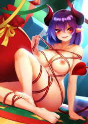 Rule 34 | 1girl, barefoot, blue hair, box, breasts, christmas, collarbone, demon girl, demon horns, demon tail, dutch angle, fangs, feet, gift, gift box, gradient hair, highres, horns, indoors, large breasts, looking at viewer, medium hair, multicolored hair, nail polish, naked ribbon, niccya, nipples, nude, open mouth, original, purple hair, red eyes, red ribbon, ribbon, sack, sitting, slit pupils, smile, soles, solo, tail, toenail polish, toenails, toes
