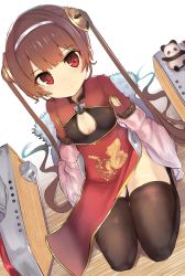 Rule 34 | 1girl, azur lane, blush, breasts, china dress, chinese clothes, cleavage, closed mouth, dress, dutch angle, long hair, looking at viewer, marisayaka, pelvic curtain, ping hai (azur lane), red dress, red eyes, rigging, seiza, sidelocks, sitting, small breasts, solo, thighhighs, tsurime, twintails, very long hair