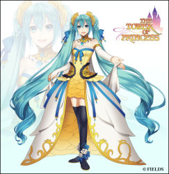 Rule 34 | 1girl, :d, black footwear, blue eyes, blue hair, blue nails, boots, breasts, bridal gauntlets, cape, detached collar, detached sleeves, dress, floating hair, hair between eyes, hatsune miku, jewelry, long hair, long sleeves, looking at viewer, nail polish, open mouth, ring, short dress, sleeveless, sleeveless dress, small breasts, smile, solo, striped clothes, striped dress, suzunosuke (sagula), thigh boots, thighhighs, very long hair, vocaloid, waist cape, white background, white cape, white sleeves, yellow dress, zettai ryouiki, zoom layer