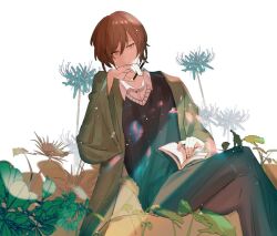 Rule 34 | 1boy, black pants, black sweater, blue flower, blue spider lily, book, brown hair, chinese commentary, closed mouth, coat, collared shirt, commentary request, flower, green coat, harada mutei, long sleeves, male focus, open book, open clothes, open coat, orange eyes, pants, saibou shinkyoku, shirt, short hair, sitting, solo, spider lily, sweater, white shirt, wide sleeves, yitilianliu