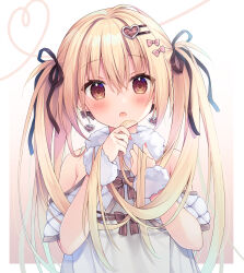 Rule 34 | 1girl, bare shoulders, black ribbon, blonde hair, blush, bow, brown background, brown eyes, commentary request, dress, gradient background, hair between eyes, hair bow, hair ornament, hair ribbon, hairclip, hands up, heart, heart hair ornament, highres, izumiyuhina, long hair, looking at viewer, nail polish, open mouth, original, pink bow, plaid, red nails, ribbon, solo, twintails, upper body, very long hair, white background, white dress
