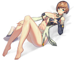Rule 34 | 1girl, abs, bare shoulders, blade &amp; soul, blue eyes, blush, breasts, brown hair, cleavage, feet, front-tie top, full body, highres, huge breasts, jin (blade &amp; soul), large breasts, legs, looking at viewer, midriff, momera, short hair, skindentation, solo, sweat, thighs, toned