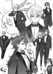 Rule 34 | 0321smith, 1boy, 4girls, bow, bowtie, braid, candy, character request, chuatury panlunch, closed mouth, crown braid, double bun, expressionless, food, formal, greyscale, gundam, gundam suisei no majo, hair bun, hand in pocket, hand on own hip, highres, hots (gundam suisei no majo), jacket, lollipop, long hair, miorine rembran, monochrome, multiple girls, pants, sabina fardin, short hair, suit, suit jacket, suletta mercury, thick eyebrows, vest, waistcoat