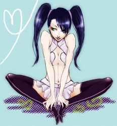 Rule 34 | 1girl, arrancar, bare arms, black hair, black thighhighs, bleach, breasts squeezed together, breasts, cleavage, green eyes, loly aivirrne, long hair, midriff, parted lips, sitting, skirt, skull, sleeveless, solo, ssyk603, thighhighs, twintails