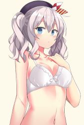 Rule 34 | 10s, 1girl, 501092-taka, bare shoulders, beret, blue eyes, blush, bra, breasts, cleavage, hat, kantai collection, kashima (kancolle), large breasts, long hair, looking at viewer, navel, sidelocks, silver hair, solo, tsurime, twintails, underwear, underwear only, wavy hair, white bra