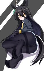 Rule 34 | 1girl, absurdres, ahoge, animal ears, ass, black gloves, black hair, black jacket, black pantyhose, blush, closed mouth, collared shirt, commentary request, earrings, feet, foot focus, from behind, frown, gloves, hair between eyes, highres, horse ears, horse girl, horse tail, jacket, jewelry, long hair, looking back, loser (3091505466), manhattan cafe (umamusume), multicolored hair, open clothes, open jacket, pantyhose, shirt, simple background, single earring, soles, solo, streaked hair, striped background, tail, thighband pantyhose, toes, umamusume, very long hair, white hair, white shirt, yellow eyes
