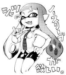 Rule 34 | 1girl, bike shorts, blunt bangs, blush, collared shirt, cowboy shot, fangs, greyscale, half-closed eyes, hand on own hip, highres, inkling, inkling girl, inkling player character, long hair, looking at viewer, monochrome, nanboku, necktie, nintendo, open mouth, pointy ears, shirt, sleeveless, sleeveless shirt, smile, solo, splatoon (series), splatoon 1, standing, striped, tentacle hair