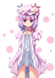Rule 34 | 1girl, blush, female focus, gahiro, hat, long hair, patchouli knowledge, purple hair, ribbon, solo, standing, touhou, white background