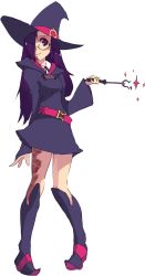 Rule 34 | 1girl, alternate costume, belt, boots, burn scar, commentary, english commentary, full body, glasses, hair over one eye, hat, highres, ikezawa hanako, katawa shoujo, knee boots, little witch academia, long hair, long sleeves, looking at viewer, luna nova school uniform, purple eyes, purple hair, robe, rtil, scar, school uniform, simple background, sketch, smile, solo, sparkle, wand, white background, wide sleeves, witch hat