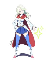 Rule 34 | 1girl, absurdres, blue eyes, blue skirt, blue thighhighs, breasts, cleavage, closed mouth, detached sleeves, diana cavendish, floating hair, frown, full body, hand on own hip, highres, little witch academia, long hair, long sleeves, looking at viewer, medium breasts, midriff, miniskirt, navel, parted bangs, pleated skirt, project-disrubtion, silver hair, simple background, skirt, solo, standing, stomach, thighhighs, v-shaped eyebrows, white background, white sleeves, zettai ryouiki