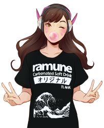 Rule 34 | 1girl, artist name, blush, brown eyes, brown hair, blowing bubbles, chewing gum, clothes writing, collarbone, d.va (overwatch), double v, facepaint, facial mark, fingernails, hands up, headphones, highres, long fingernails, long hair, looking at viewer, nymre, one eye closed, overwatch, overwatch 1, shirt, solo, t-shirt, upper body, v, whisker markings