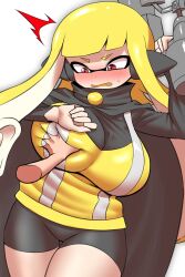 Rule 34 | 1girl, 1other, agent 3 (splatoon), bike shorts, black cape, black shorts, blonde hair, blush, breasts, cape, disembodied hand, grabbing, grabbing another&#039;s breast, headgear, highres, inkling, inkling girl, inkling player character, large breasts, long hair, long sleeves, nintendo, open mouth, pero (pero7762), red eyes, shorts, simple background, solo focus, splatoon (series), squidbeak splatoon, standing, suction cups, sweatdrop, tentacle hair, vest, white background, yellow vest