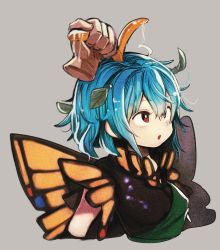 Rule 34 | 1girl, antennae, aqua hair, brown eyes, butterfly wings, dress, eternity larva, fairy, green dress, grey background, hair between eyes, highres, insect wings, leaf, leaf on head, multicolored clothes, multicolored dress, open mouth, piaki, short hair, simple background, single strap, solo, touhou, wings