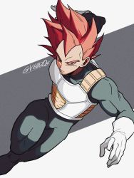 Rule 34 | 1boy, armor, dragon ball, dragon ball super, dragon ball super broly, dutch angle, expressionless, fighting stance, frown, gloves, grey background, highres, leg up, looking away, male focus, muscular, muscular male, outstretched arms, red eyes, red hair, serious, shaded face, short hair, simple background, solo, spiked hair, striped, striped background, super saiyan, super saiyan god, tama azusa hatsu, twitter username, two-tone background, vegeta, white background, white gloves