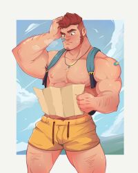 Rule 34 | abs, absurdres, armpits, backpack, bag, bandaid, bara, brotexbrotex, cloud, cloudy sky, collaboration, helbai, highres, male focus, map, muscular, muscular male, nipples, original, pectorals, shorts, sky, solo, solo focus, thighs, thinking, topless male