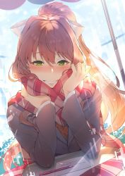 Rule 34 | 1girl, blush, brown hair, commentary, day, doki doki literature club, english commentary, green eyes, grey jacket, hair ribbon, highres, jacket, kakage, long hair, long sleeves, looking at viewer, monika (doki doki literature club), paper, parted lips, pen, ponytail, ribbon, scarf, school uniform, smile, solo, striped clothes, striped scarf, white ribbon