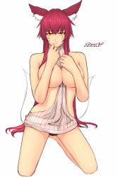 1girl :t ahri_(league_of_legends) alternate_costume alternate_hair_color animal_ears breasts cleavage covering_breasts covering_privates facial_mark female_focus fox_ears fox_tail large_breasts league_of_legends long_hair meme_attire multiple_tails naked_sweater ryu_seung simple_background slit_pupils solo sweater tail turtleneck turtleneck_sweater virgin_killer_sweater whisker_markings white_background yellow_eyes