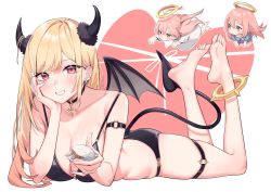 Rule 34 | 3girls, barefoot, bat wings, bikini, black bikini, black choker, blonde hair, breasts, bridal garter, chen yang yang, chibi, choker, cross, demon girl, demon horns, demon tail, ear piercing, earrings, feet, food, full body, halo, hand on own cheek, hand on own face, highres, holding, holding food, horns, inui sajuna, inui shinju, jewelry, kitagawa marin, large breasts, long hair, looking at viewer, lying, multiple girls, on stomach, parted bangs, piercing, pink hair, red eyes, simple background, smile, soles, sono bisque doll wa koi wo suru, swimsuit, tail, the pose, thigh strap, toes, white background, wings