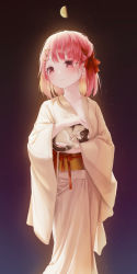 Rule 34 | 1girl, absurdres, amaroku neko, animal, brown hair, brown kimono, cat, character request, collarbone, commentary request, feet out of frame, hair ornament, hair ribbon, hairclip, hanayori jyoshiryou, highres, holding, holding animal, japanese clothes, kano (hanayori jyoshiryou), kimono, looking to the side, pink eyes, pink hair, red ribbon, ribbon, short hair, solo, virtual youtuber, x hair ornament