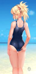 Rule 34 | 1girl, absurdres, adjusting clothes, adjusting swimsuit, aqua eyes, ass, bare arms, bare shoulders, blonde hair, blue one-piece swimsuit, blue sky, braid, commentary request, day, fate/grand order, fate (series), fingernails, french braid, highres, hua-j, long hair, looking at viewer, looking back, mordred (fate), mordred (fate/apocrypha), ocean, one-piece swimsuit, outdoors, ponytail, school swimsuit, shiny clothes, shiny skin, signature, sky, solo, swimsuit, tan, tanline, thighs, water