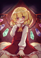 Rule 34 | 1girl, absurdres, adapted costume, ascot, blonde hair, blush, collared shirt, cowboy shot, crystal, fangs, flandre scarlet, frilled ascot, frilled skirt, frills, hair between eyes, head tilt, heart, heart-shaped pupils, highres, indoors, kutabiretainu, long sleeves, looking at viewer, medium hair, multicolored wings, no headwear, one side up, open mouth, pointy ears, red eyes, red skirt, red vest, shirt, skirt, skirt set, solo, symbol-shaped pupils, touhou, vest, white shirt, wings, yandere, yellow ascot