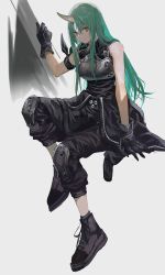 Rule 34 | 1girl, aoki (fumomo), arknights, armband, armor, black footwear, black gloves, black pants, black shirt, breastplate, closed mouth, clothes around waist, cross-laced footwear, expressionless, facial scar, full body, gloves, green hair, grey background, hannya (arknights), highres, horns, hoshiguma (arknights), invisible chair, jacket, jacket around waist, knee pads, long hair, looking at viewer, pants, scar, scar on cheek, scar on face, shield, shirt, shoes, simple background, single horn, sitting, skin-covered horns, sleeveless, sleeveless shirt, solo, straight hair, turtleneck, unzipped, yellow eyes