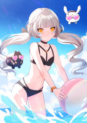 Rule 34 | 1girl, alternate costume, alternate hairstyle, android, ball, beachball, bikini, black bikini, black choker, black ribbon, blue sky, blunt bangs, bracelet, breasts, choker, cloud, commentary, day, elsword, eve (elsword), facial mark, floating, glasses, grey hair, hair ribbon, heart, heart-shaped eyewear, highres, holding, holding ball, holding beachball, jewelry, long hair, looking at viewer, moby (elsword), outdoors, partially submerged, remy (elsword), ribbon, sasa (sa1008va), sky, small breasts, swimsuit, twintails, very long hair, water, yellow eyes