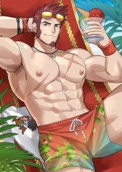 Rule 34 | 1boy, abs, absurdres, bara, beard, blue eyes, bracelet, brown hair, commission, facial hair, fate/grand order, fate (series), food, glasses, highres, ice cream, iskandar (fate), jewelry, kienbiu, large pectorals, long sideburns, looking at viewer, male focus, muscular, napoleon bonaparte (fate), nipples, pectorals, scar, second-party source, shirt, short sleeves, sideburns, smile, solo, summer, sunglasses, sunlight, thighs