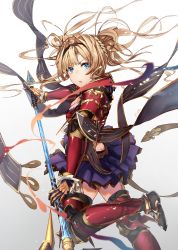 Rule 34 | 1girl, armor, black cola, black footwear, black hairband, blue eyes, blue skirt, blush, boots, braid, breasts, character name, cleavage, commentary, gauntlets, gradient background, granblue fantasy, greaves, grey background, hairband, highres, holding, light brown hair, long hair, looking at viewer, looking to the side, medium breasts, parted lips, pauldrons, pleated skirt, red shirt, shirt, shoulder armor, skirt, solo, very long hair, white background, zeta (granblue fantasy)