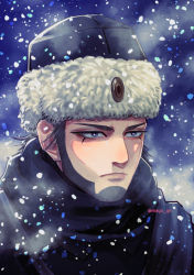 Rule 34 | 1boy, blue eyes, expressionless, eyebrows, eyelashes, fur hat, golden kamuy, grey hair, hat, highres, magu gk, male focus, outdoors, portrait, russian clothes, snowing, solo, ushanka, vasily (golden kamuy), winter, winter clothes
