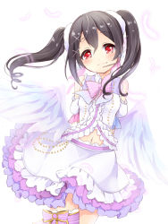 Rule 34 | 10s, 1girl, angel wings, arms behind back, black hair, blush, bow, clothing cutout, detached sleeves, feathers, frills, hair ornament, hairpin, headset, highres, layered skirt, leg ribbon, looking at viewer, love live!, love live! school idol festival, love live! school idol project, natsu (natume0504), navel, navel cutout, red eyes, ribbon, scrunchie, skirt, smile, solo, thigh ribbon, twintails, white background, wings, yazawa nico