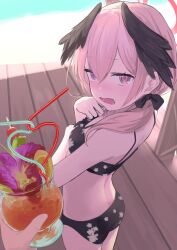 Rule 34 | 1girl, 1other, absurdres, ass, bare arms, bare shoulders, bikini, black bikini, blue archive, commentary request, cowboy shot, drinking straw, floral print, head wings, highres, koharu (blue archive), kuro shiraga, long hair, looking at viewer, open mouth, pink eyes, pink hair, solo focus, standing, swimsuit, wings