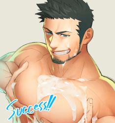 Rule 34 | 1boy, bara, beard, between pecs, between pectorals, black hair, cum, cum on body, cum on male, cum on self, cum on upper body, cum pool, ejaculation, english text, erection, facial, facial hair, grabbing, green eyes, gyee, itto (mentaiko), large pectorals, male focus, manly, muscular, pecjob, pectoral grab, pectorals, penis, priapus, priapus (gyee), projectile cum, red pupils, solo, stubble, topless male, upper body, yaoi