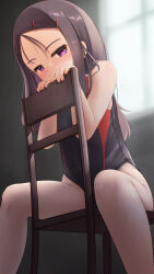 Rule 34 | 1girl, black hair, blush, chair, charlotte (anime), competition swimsuit, hair ornament, hairclip, highres, legs, long hair, looking at viewer, one-piece swimsuit, oren (770len), otosaka ayumi, purple eyes, sitting, sitting backwards, solo, swimsuit