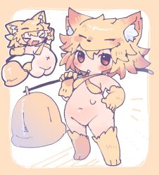 Rule 34 | 1girl, animal ear fluff, animal ears, animal feet, animal hands, bell, blonde hair, blush, bottomless, breasts, brown eyes, chibi, commentary request, commission, criss-cross halter, fox ears, fox girl, full body, gurumin (gurruguru), hair between eyes, halterneck, hand on own hip, highres, holding, holding staff, looking at viewer, medium bangs, moonlight flower, navel, no pussy, open mouth, ragnarok online, second-party source, short hair, skeb commission, small breasts, staff, standing, tail, thick eyebrows, x navel