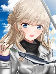 Rule 34 | 1girl, absurdres, alternate costume, black shirt, black sweater, blonde hair, blue eyes, blue sky, blunt bangs, braid, caught, cloud, cloudy sky, day, fish, fishing, fishing line, fishing rod, gradient eyes, hair bun, highres, holding, holding string, jacket, kantai collection, light brown hair, long hair, long sleeves, looking at viewer, mixed-language commentary, multicolored eyes, portrait, ranger (kancolle), roko roko (doradorazz), shirt, side braids, single side bun, sky, smile, solo, string, sweater, turtleneck, turtleneck sweater, white jacket