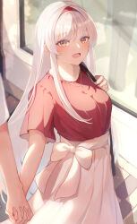 Rule 34 | 1boy, 1girl, bag, blush, brown eyes, commentary request, fingernails, hairband, highres, jewelry, kantai collection, long hair, necklace, open mouth, ranran 3939, red hairband, red shirt, shirt, short sleeves, shoukaku (kancolle), shoulder bag, skirt, smile, solo focus, white hair, white skirt