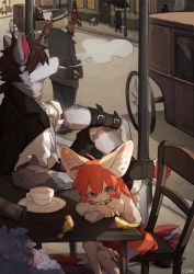 Rule 34 | 1girl, 6+boys, animal ear fluff, animal ears, bird, blue eyes, braid, building, cafe, carriage, chair, cigarette, crossed legs, cup, dress, fish7163, formal, fox ears, fox tail, frilled dress, frills, furry, furry female, furry male, hat, highres, horse, multiple boys, orange hair, original, outdoors, road, signature, sitting, smoke, smoking, suit, table, tail, teacup, umbrella