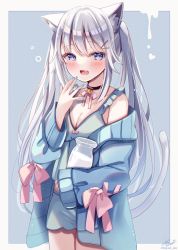 Rule 34 | 1girl, :d, animal ears, bare shoulders, bell, black choker, blue camisole, blue eyes, blue jacket, blue nails, blue shorts, blush, bottle, bow, breasts, camisole, cat ears, cat girl, cat tail, choker, cleavage, collarbone, commentary request, fang, grey hair, hand to own mouth, hand up, jacket, jingle bell, long hair, long sleeves, looking at viewer, milk, milk bottle, nail polish, neck bell, off shoulder, open clothes, open jacket, open mouth, original, pink bow, sakura hiyori, short shorts, shorts, sleeves past wrists, small breasts, smile, solo, tail, twintails, very long hair