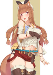Rule 34 | 1girl, :o, animal ear fluff, animal ears, arm at side, atelier (series), atelier ryza, atelier ryza 1, bare shoulders, belt, belt buckle, beret, black ribbon, blunt bangs, blush, boots, breasts, bright pupils, brown footwear, brown gloves, buckle, commentary, cosplay, cowboy shot, detached sleeves, flask, gloves, hat, hat ribbon, highres, kusubii, large breasts, long hair, looking at viewer, navel, open mouth, raccoon ears, raccoon girl, raccoon tail, raphtalia, red eyes, red shorts, reisalin stout, reisalin stout (cosplay), ribbon, round-bottom flask, short shorts, shorts, solo, tail, tate no yuusha no nariagari, test tube, thigh boots, thighhighs, thighhighs under boots, two-tone background, very long hair, white hair, white hat, white thighhighs, wristband