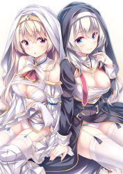Rule 34 | 2girls, :o, arm under breasts, ascot, blonde hair, blue eyes, bra, breasts, brooch, closed mouth, clothes lift, clothes pull, cross, cross necklace, detached sleeves, dress, garter straps, gloves, habit, hand on hand, hand up, highres, jewelry, light blush, long hair, long sleeves, looking at viewer, medium breasts, multiple girls, necklace, nipples, no bra, nun, original, panties, pantyshot, purple eyes, red ascot, ryo (botugo), sitting, smile, thighhighs, underwear, veil, white bra, white gloves, white hair, white legwear, white panties