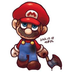 Rule 34 | 1boy, artist name, axe, blood, blue eyes, brown footwear, dated, facial hair, ghost-pepper, gloves, hat, lowres, male focus, mario, mario (series), mustache, nintendo, overalls, shoes, simple background, solo, weapon, white gloves