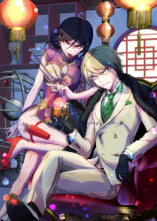 Rule 34 | 1boy, 1girl, absurdres, alternate hairstyle, architecture, bare arms, black footwear, black gloves, blonde hair, blue eyes, book, breasts, chair, china dress, chinese clothes, cleavage cutout, clothing cutout, commentary request, cup, danganronpa: trigger happy havoc, danganronpa (series), dress, drinking glass, east asian architecture, eyelashes, feet out of frame, formal, fukawa toko, full body, genocider shou, glasses, gloves, green neckwear, hair bun, hair up, high heels, highres, holding, holding cup, holding scissors, indoors, koutei penko, lantern, large breasts, lens flare, long hair, long sleeves, long tongue, looking at viewer, necktie, official alternate costume, paper lantern, pelvic curtain, pouch, purple dress, purple hair, red eyes, red footwear, scissors, shaded face, shelf, short hair, short sleeves, side slit, single hair bun, smile, smirk, suit, thigh pouch, togami byakuya, tongue, tongue out, white suit, wine glass