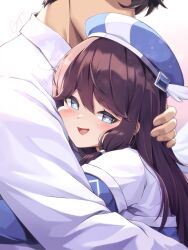 Rule 34 | 1boy, 1girl, :d, beret, bloody0rabby, blue eyes, blue headwear, blue jacket, blush, brown hair, character request, collared shirt, hair between eyes, hat, heart, heart-shaped pupils, highres, hug, jacket, long sleeves, looking at viewer, off shoulder, open mouth, shirt, smile, symbol-shaped pupils, trickcal, upper body, white shirt