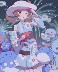 Rule 34 | 1girl, 343rone, ;o, absurdres, azumarill, azurill, bare shoulders, blue kimono, brown eyes, brown hair, bubble, commentary request, creatures (company), detached sleeves, evolutionary line, eyelashes, game freak, gen 2 pokemon, gen 3 pokemon, hand up, hat, highres, japanese clothes, kimono, long hair, lyra (pokemon), lyra (summer 2020) (pokemon), marill, nintendo, official alternate costume, one eye closed, pokemon, pokemon (creature), pokemon masters ex, sash, twintails, twitter username, wooper