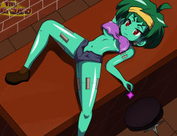 Rule 34 | 1girl, bare legs, breasts, chair, colored skin, condom, crop top, earrings, green hair, green skin, headband, highres, jewelry, legs, lying, midriff, navel, no bra, on back, on table, red eyes, rottytops, shantae (series), shiny skin, shoes, short hair, short shorts, shorts, skull earrings, smile, solo, spread legs, stitches, stomach, table, tank top, thighs, torn clothes, underboob, unzipped, zombie