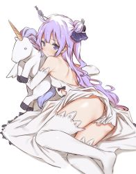 Rule 34 | 1girl, ass, azur lane, bare shoulders, breasts, closed mouth, dress, elbow gloves, gloves, long hair, looking back, lying, hugging object, one side up, purple eyes, purple hair, saboten, shoulder blades, simple background, small breasts, solo, stuffed animal, stuffed toy, stuffed winged unicorn, thighhighs, unicorn (azur lane), white background, white dress, white gloves, white thighhighs